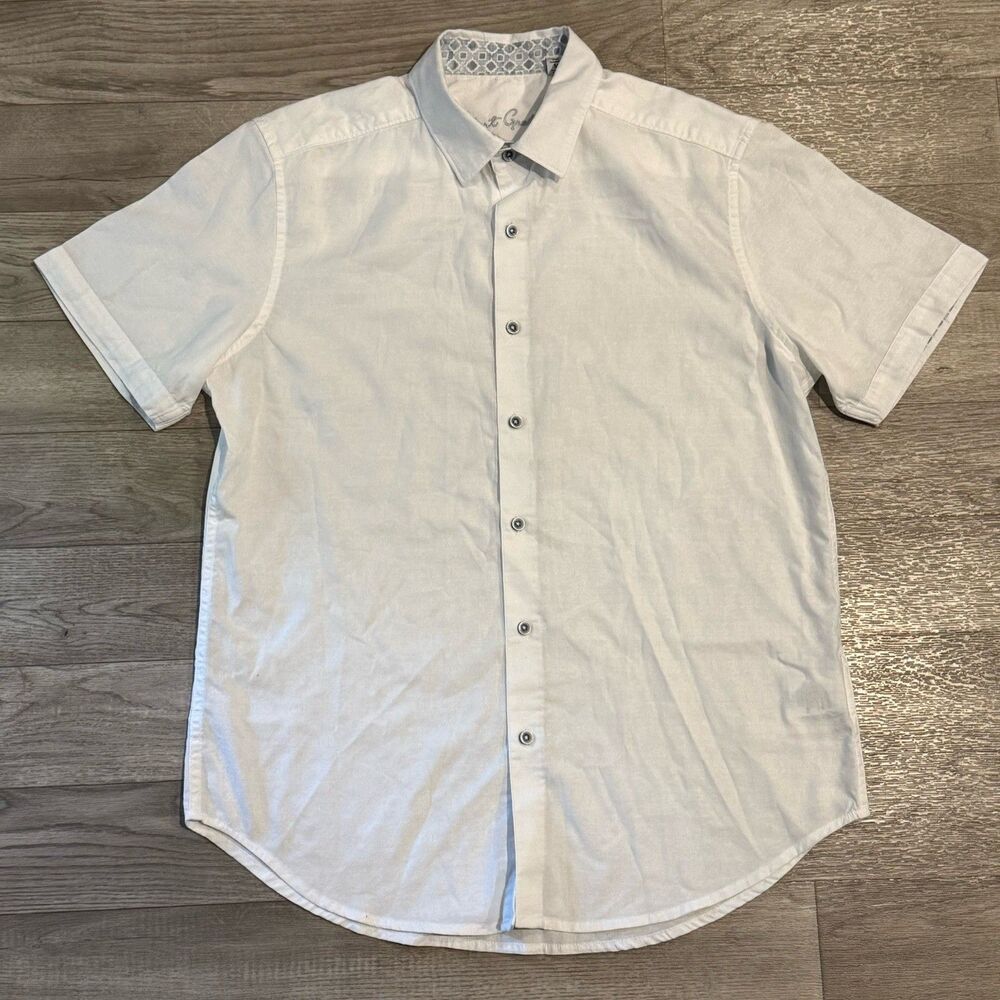 Robert Graham Shirt Mens M Medium White Short Sleeve Button Up Geometric Trim
